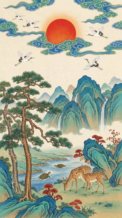 채색이 완성된 십장생도 — 해·구름·학·소나무·산·물·사슴·거북·영지버섯·돌